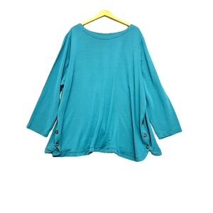 J Jill Top Size 4X Side Button Tunic Teal Lagenlook Cozy Knit Long Sleeve